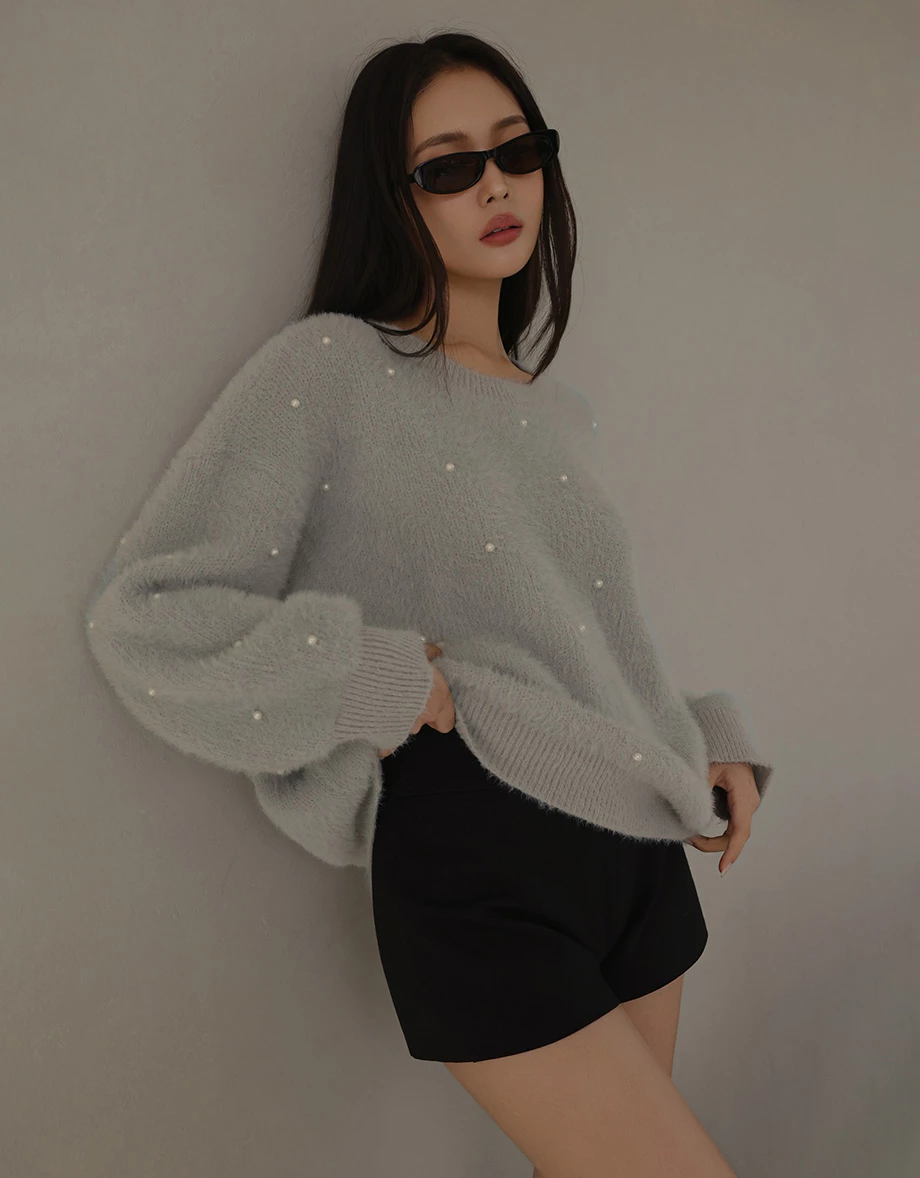 Fluffy Knit Pullover Sweater with Pearl Embellishments