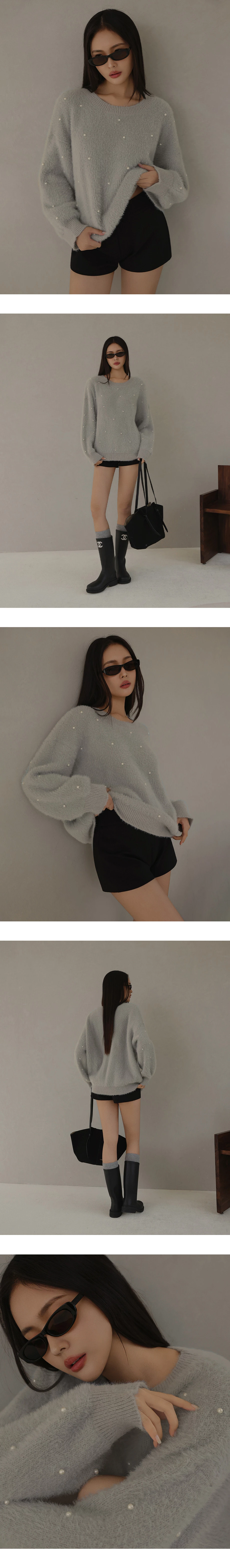 Fluffy Knit Pullover Sweater with Pearl Embellishments Fluffy Knit Pullover Sweater with Pearl Embellishments