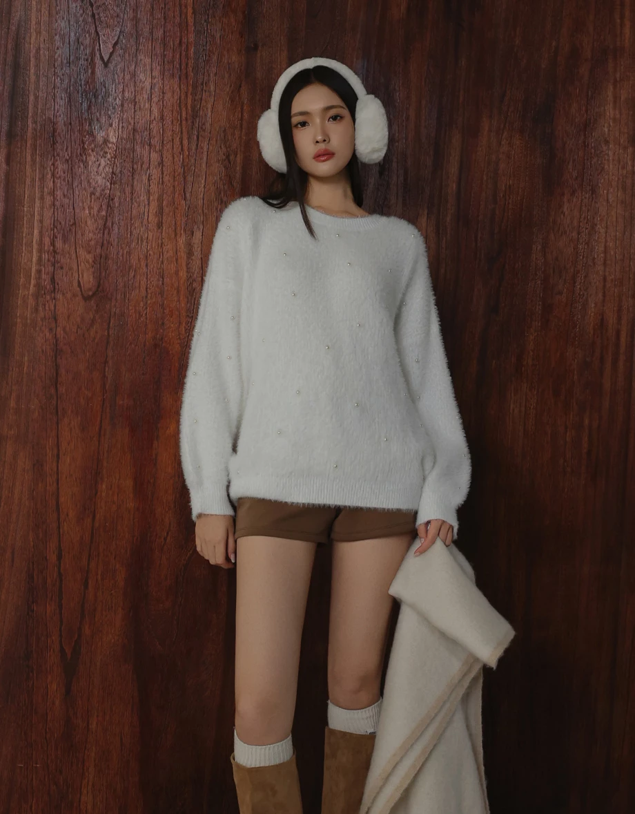 Fluffy Knit Pullover Sweater with Pearl Embellishments Fluffy Knit Pullover Sweater with Pearl Embellishments