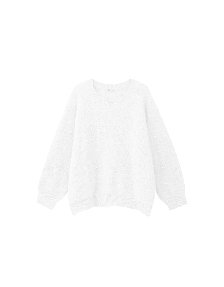 Fluffy Knit Pullover Sweater with Pearl Embellishments