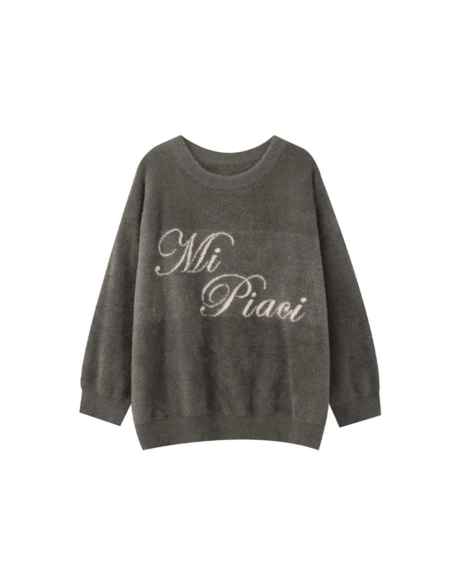 Soft Fluffy Oversized Lettering Knit Long Sleeve Sweater