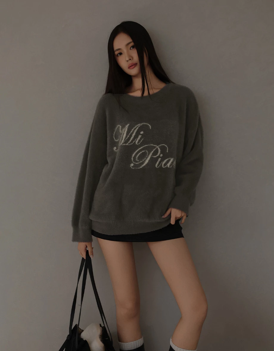 Soft Fluffy Oversized Lettering Knit Long Sleeve Sweater
