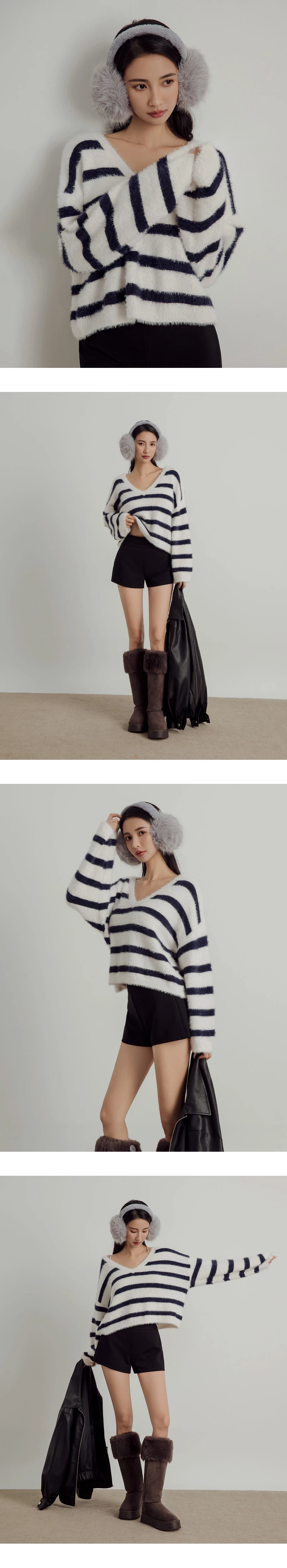 Soft Fuzzy Striped V-Neck Knit Sweater Soft Fuzzy Striped V-Neck Knit Sweater