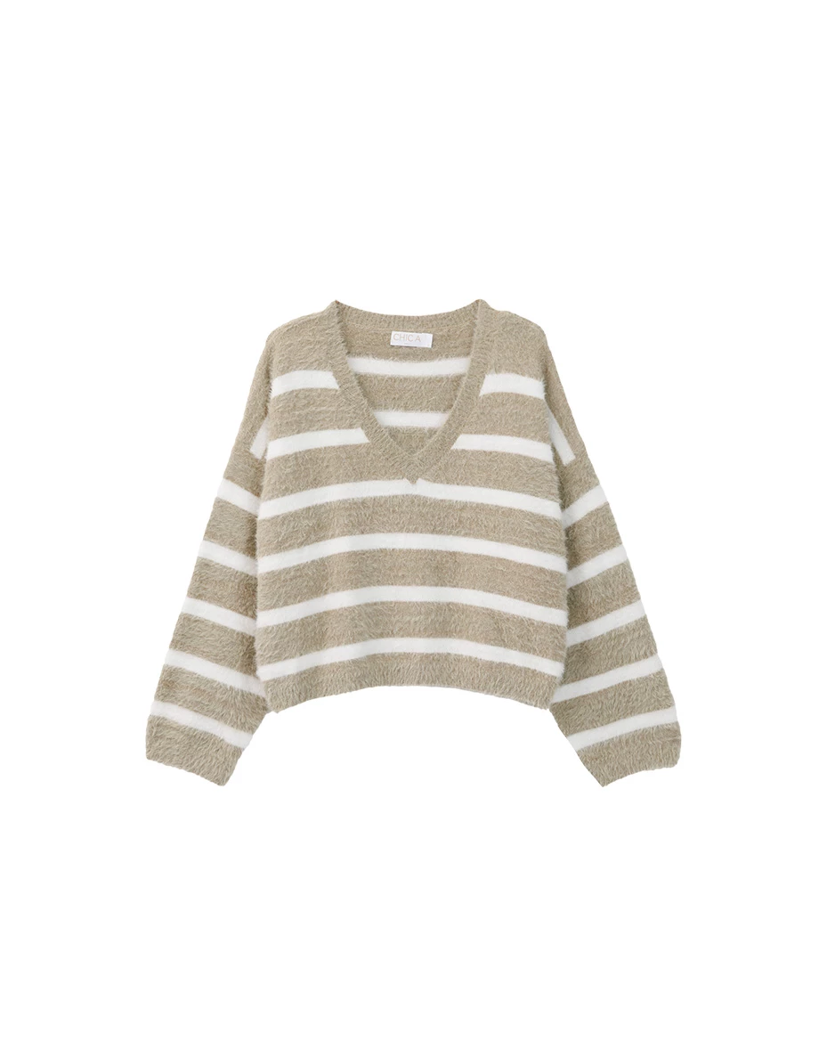 Soft Fuzzy Striped V-Neck Knit Sweater