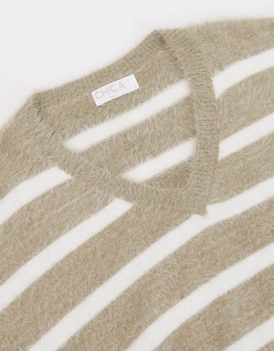 Soft Fuzzy Striped V-Neck Knit Sweater Soft Fuzzy Striped V-Neck Knit Sweater