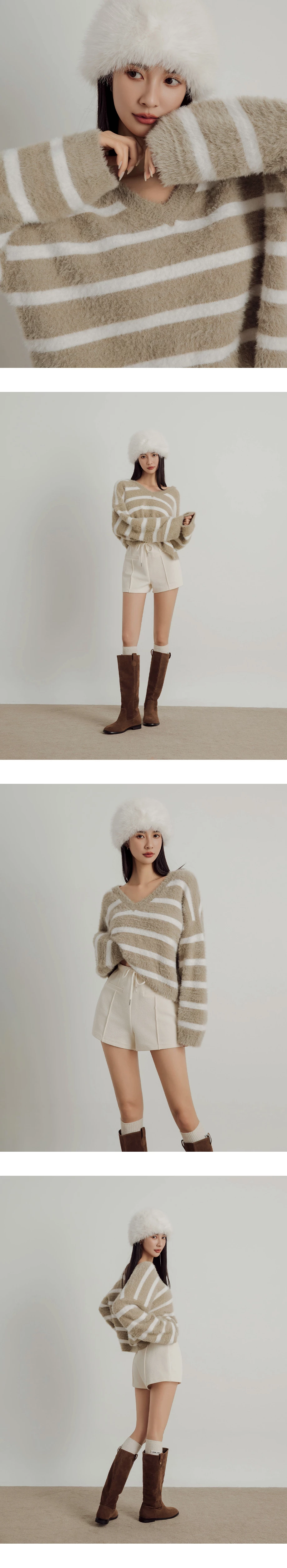 Soft Fuzzy Striped V-Neck Knit Sweater Soft Fuzzy Striped V-Neck Knit Sweater