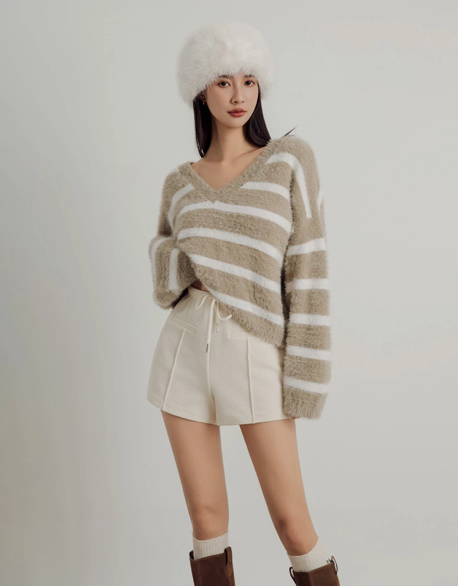 Soft Fuzzy Striped V-Neck Knit Sweater Soft Fuzzy Striped V-Neck Knit Sweater