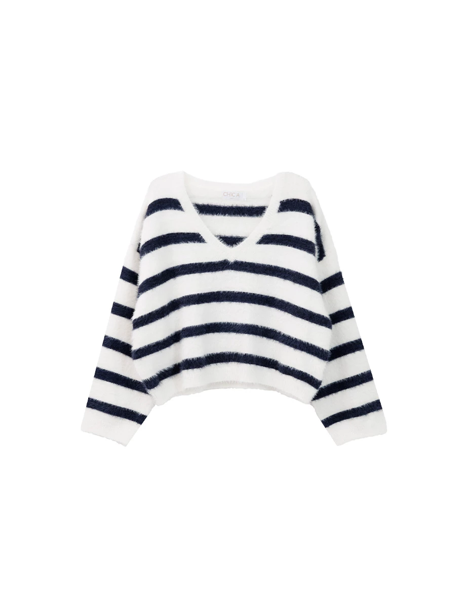 Soft Fuzzy Striped V-Neck Knit Sweater Soft Fuzzy Striped V-Neck Knit Sweater