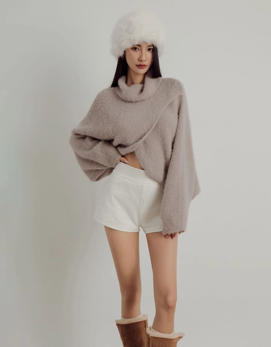 Soft Fuzzy Mock Neck Sweater with Asymmetric Front Cross Detail Soft Fuzzy Mock Neck Sweater with Asymmetric Front Cross Detail