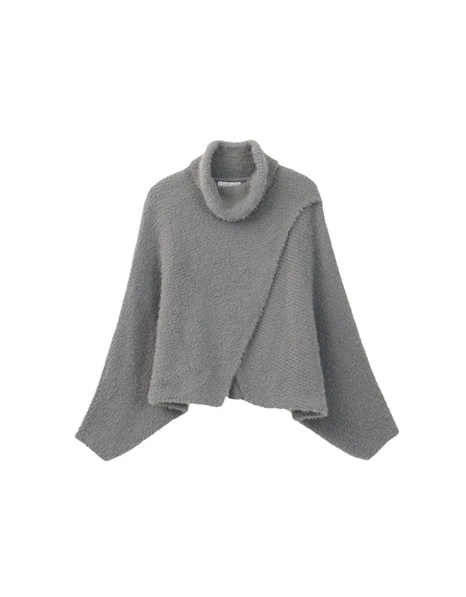 Soft Fuzzy Mock Neck Sweater with Asymmetric Front Cross Detail