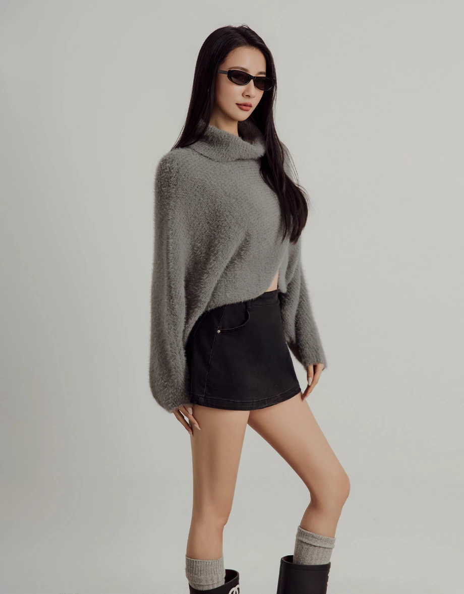 Soft Fuzzy Mock Neck Sweater with Asymmetric Front Cross Detail Soft Fuzzy Mock Neck Sweater with Asymmetric Front Cross Detail