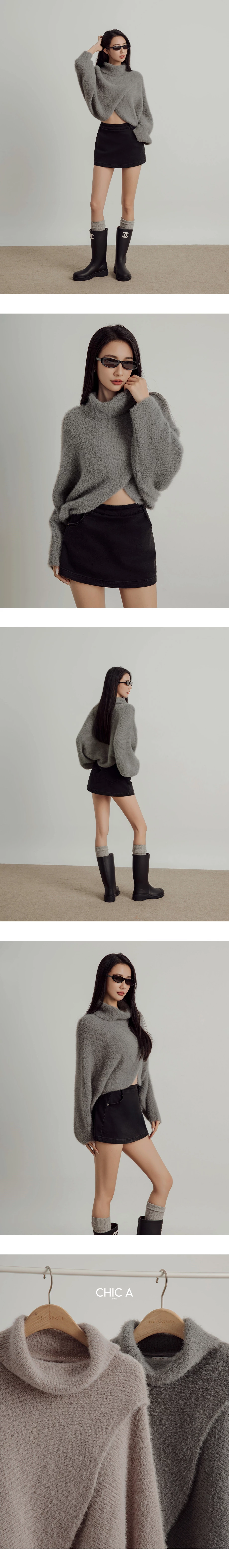 Soft Fuzzy Mock Neck Sweater with Asymmetric Front Cross Detail Soft Fuzzy Mock Neck Sweater with Asymmetric Front Cross Detail