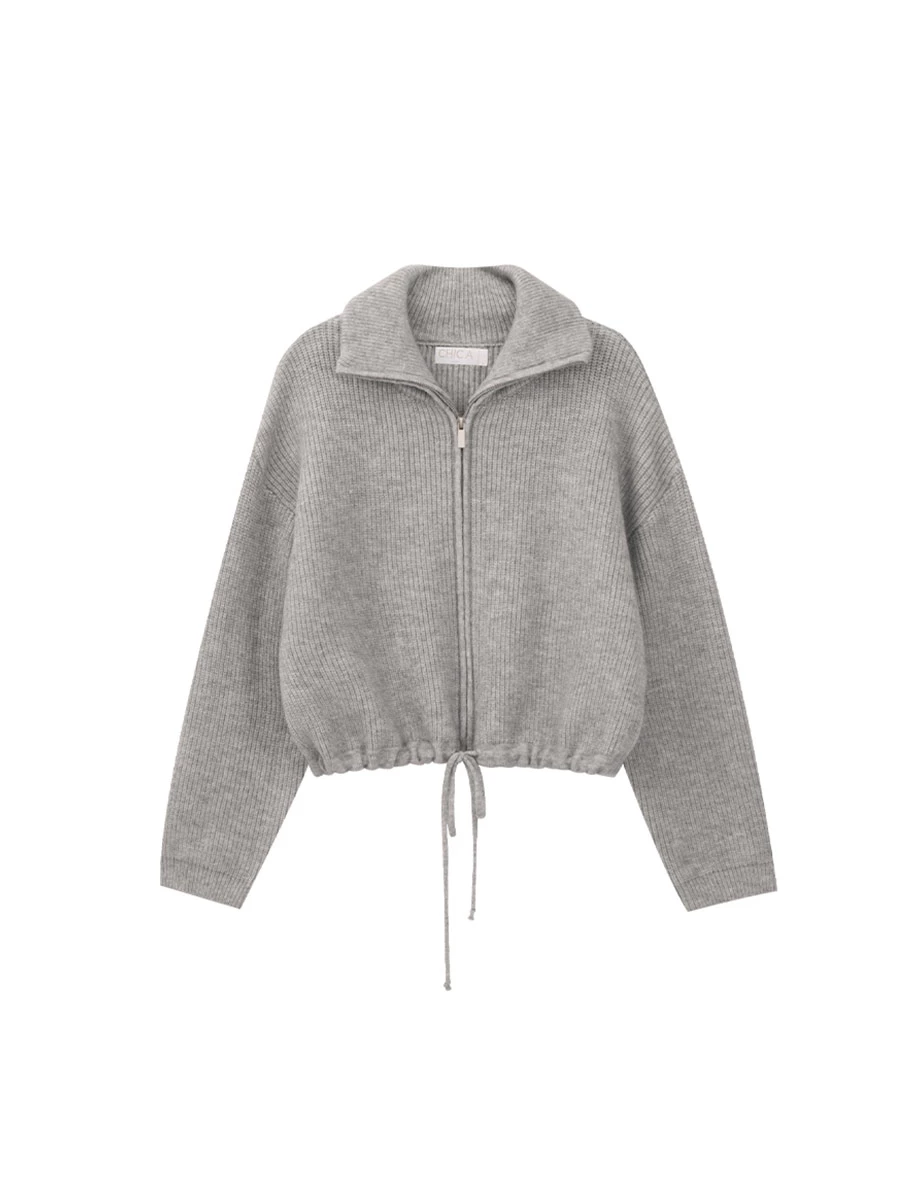 Soft Cotton Blend Stand Collar Zip Up Jacket with Adjustable Hem Drawstring