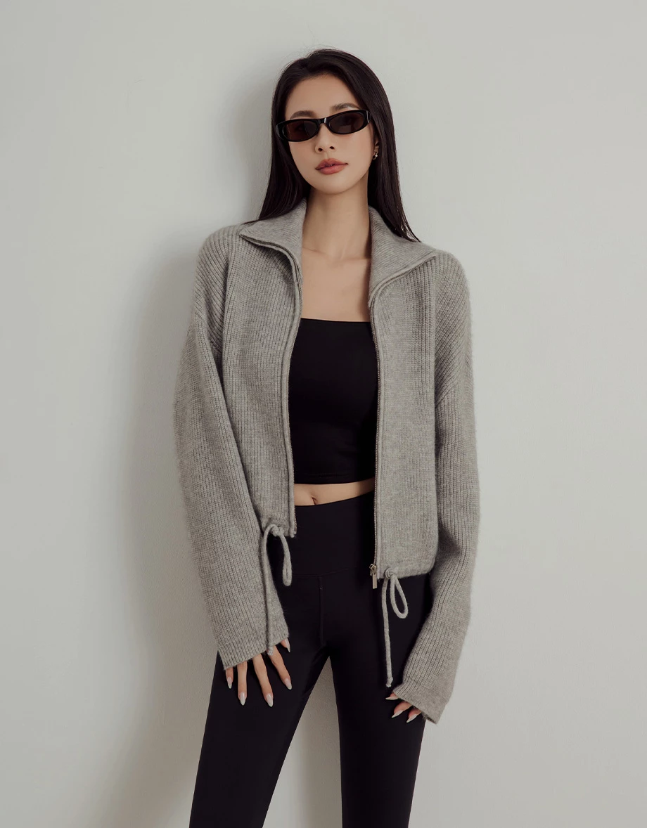 Soft Cotton Blend Stand Collar Zip Up Jacket with Adjustable Hem Drawstring