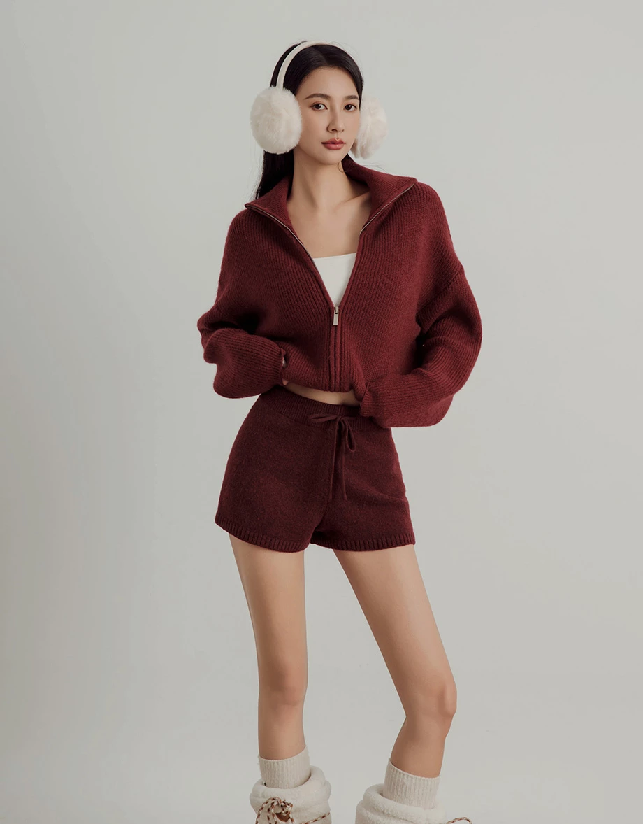 Soft Cotton Blend Stand Collar Zip Up Jacket with Adjustable Hem Drawstring