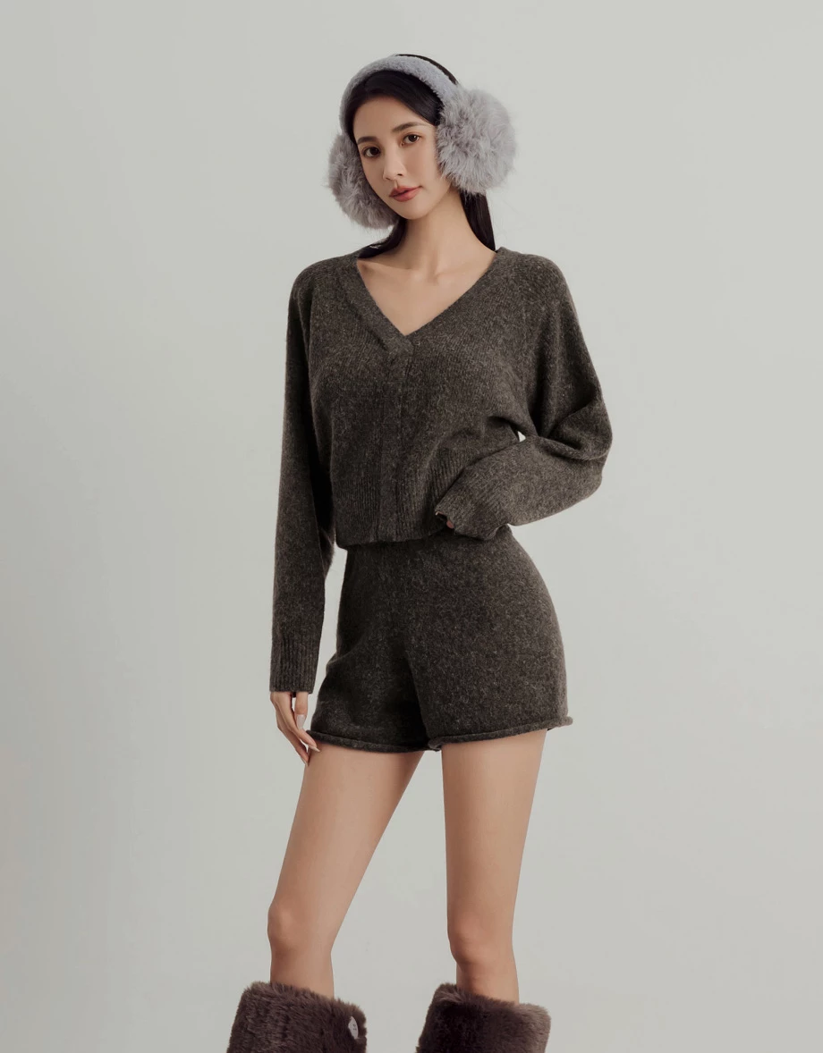 Soft Knit V Neck Sweater with Ribbed Panel Detailing