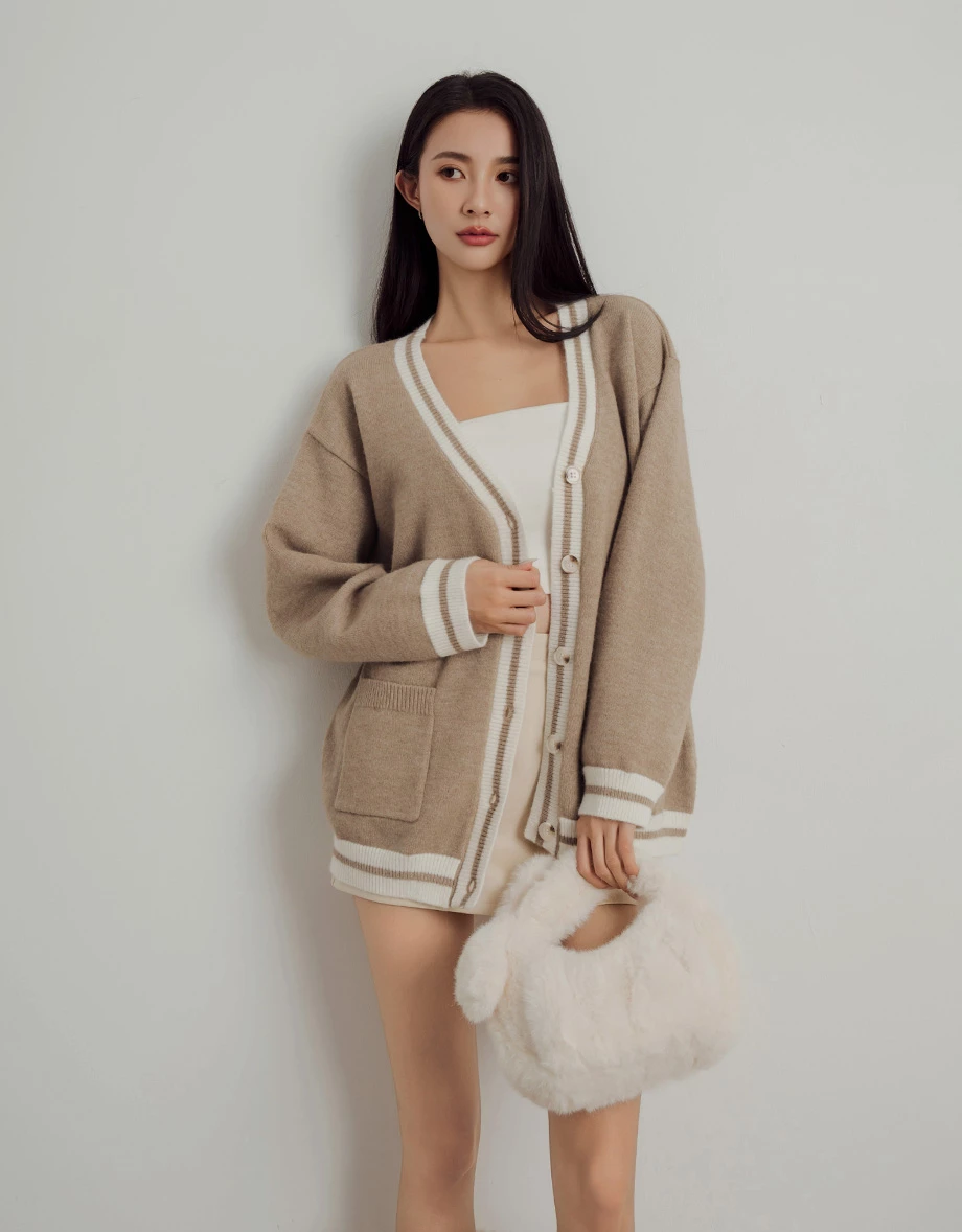 Soft Knit V Neck Long Cardigan with Contrast Trim Soft Knit V Neck Long Cardigan with Contrast Trim
