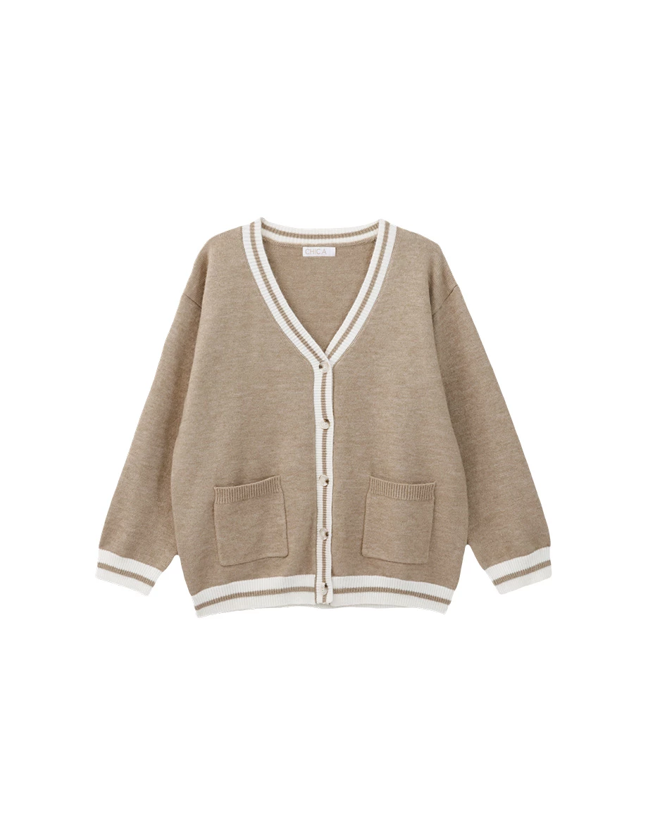 Soft Knit V Neck Long Cardigan with Contrast Trim