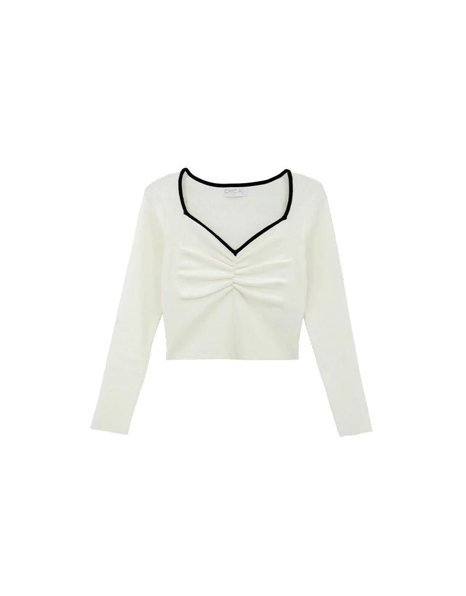 Contrast Trim Ruched Front Sweetheart Neckline Ribbed Knit Top