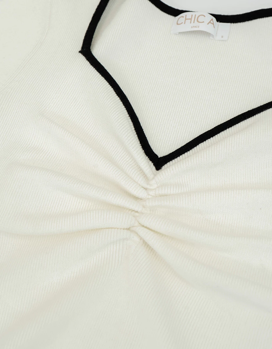 Contrast Trim Ruched Front Sweetheart Neckline Ribbed Knit Top Contrast Trim Ruched Front Sweetheart Neckline Ribbed Knit Top