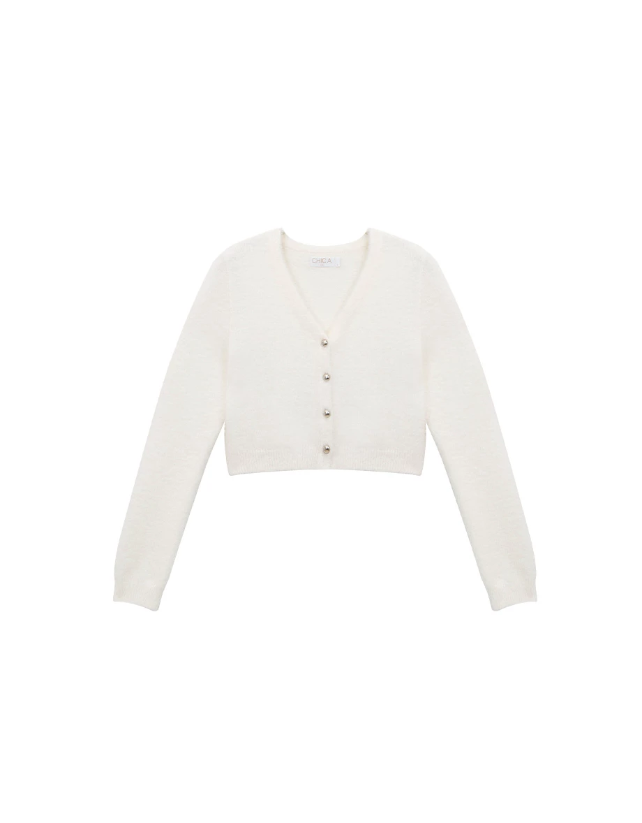 Soft Fuzzy V Neck Buttoned Front Cropped Knit Cardigan