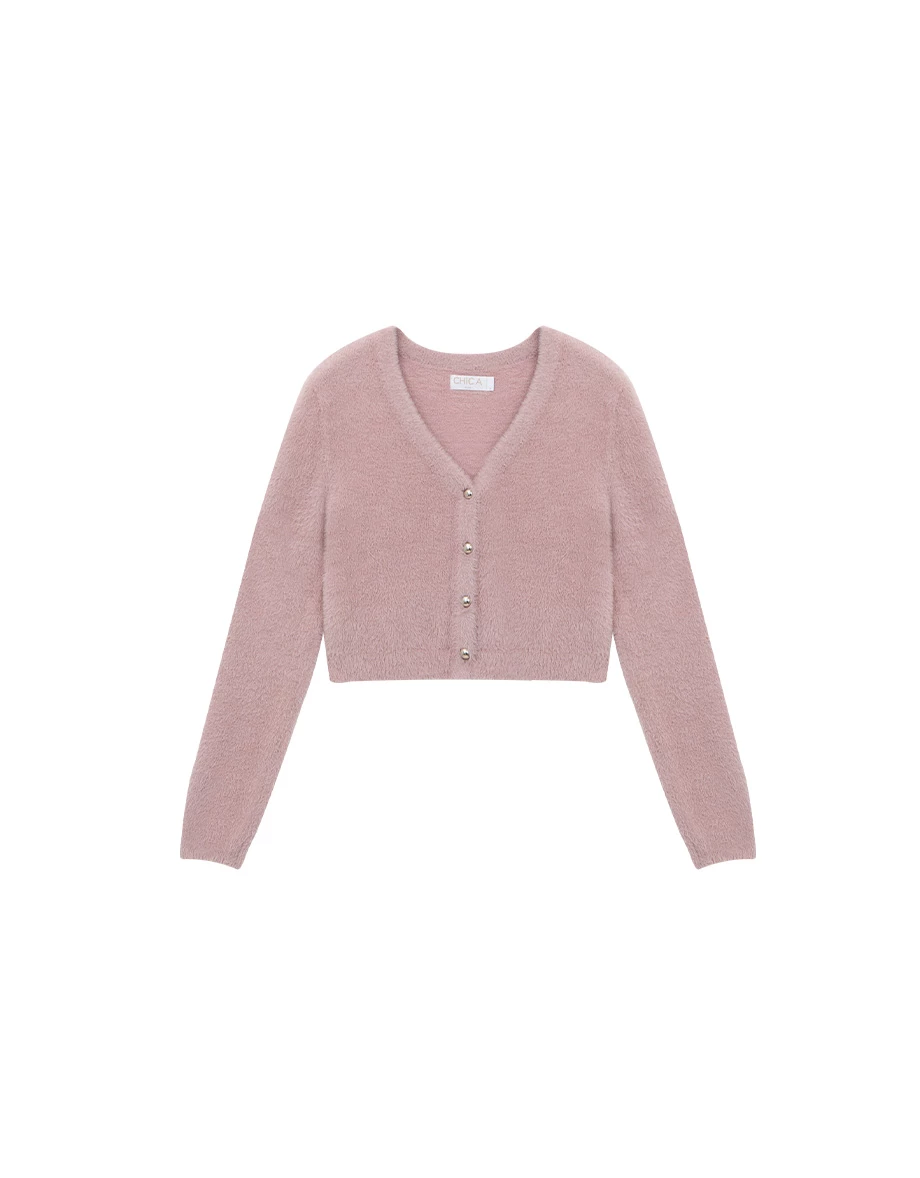 Soft Fuzzy V Neck Buttoned Front Cropped Knit Cardigan