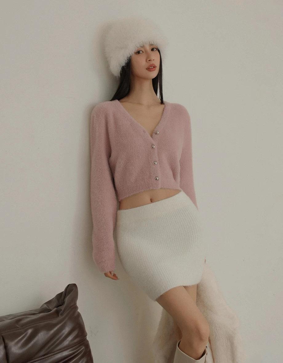Soft Fuzzy V Neck Buttoned Front Cropped Knit Cardigan