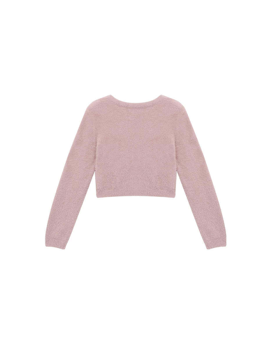 Soft Fuzzy V Neck Buttoned Front Cropped Knit Cardigan