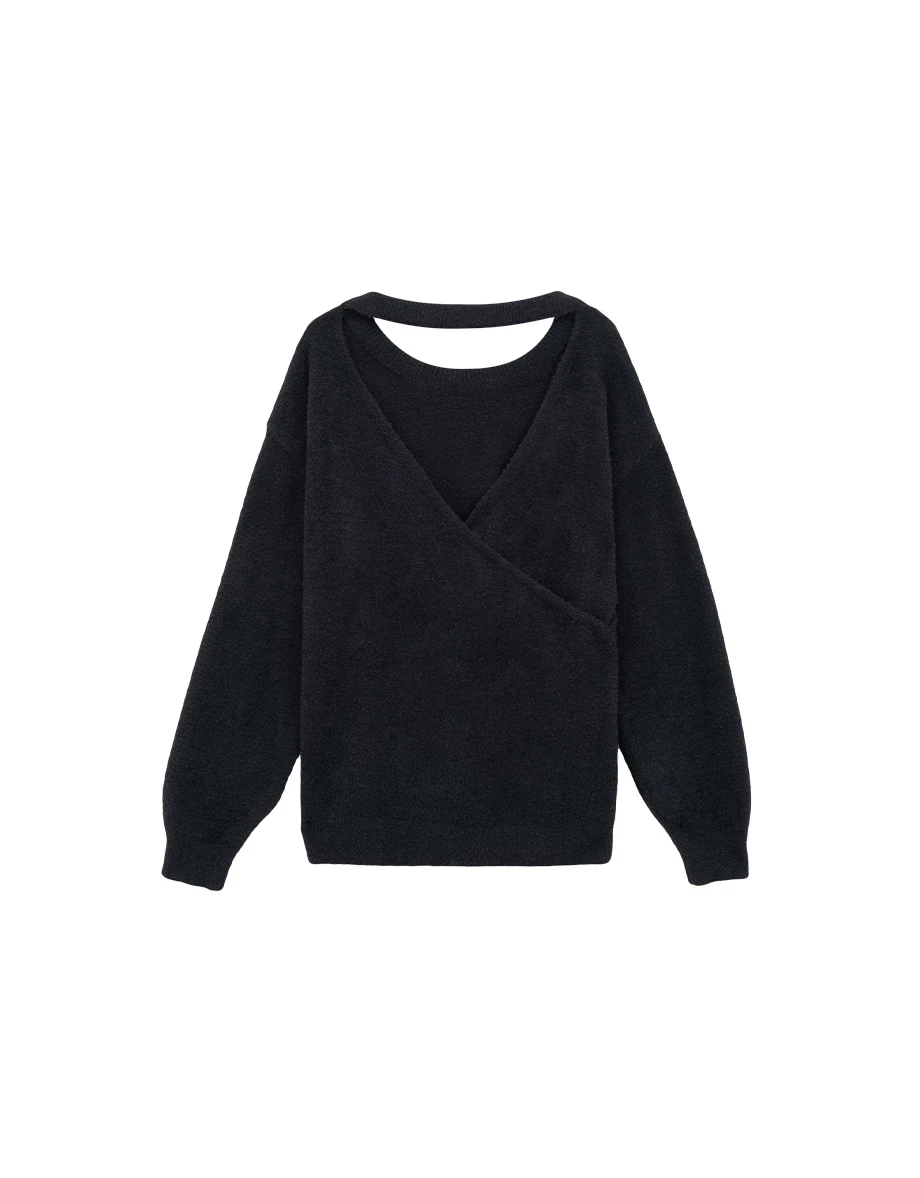 Reversible Neckline V Neck Fuzzy Knit Top