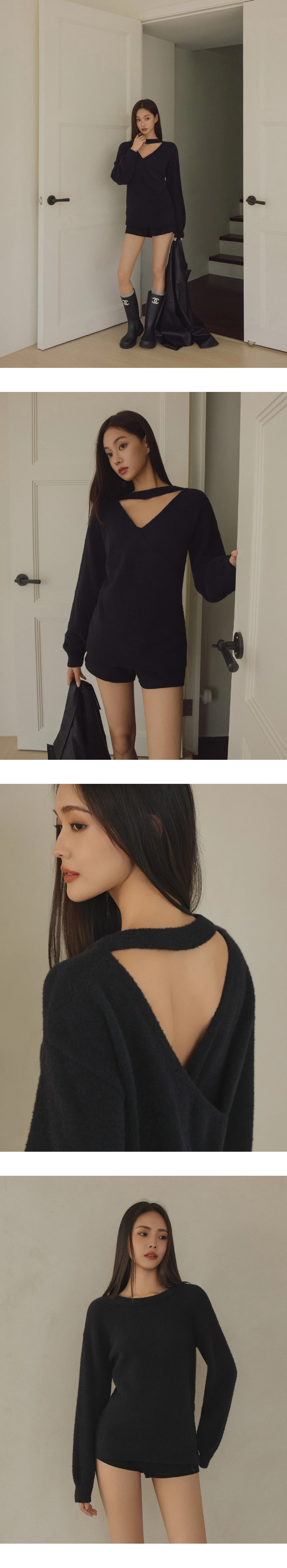 Reversible Neckline V Neck Fuzzy Knit Top