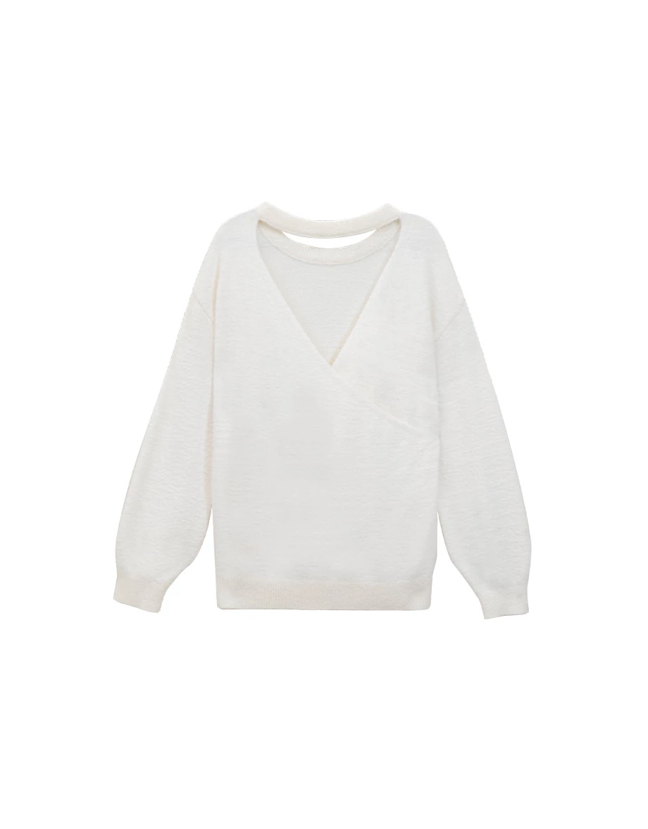Reversible Neckline V Neck Fuzzy Knit Top