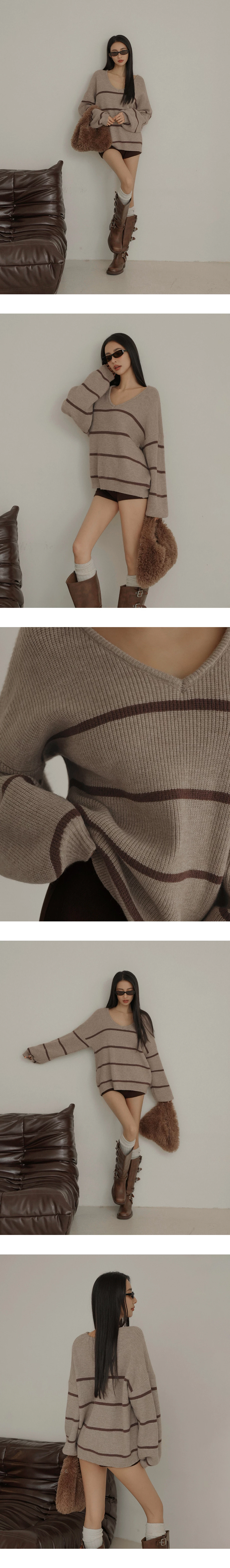 Oversized Stripe V Neck Knit Sweater