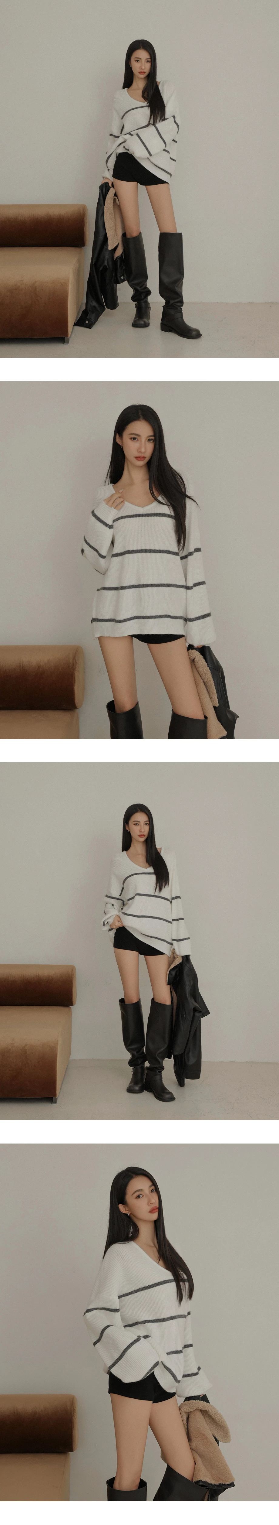 Oversized Stripe V Neck Knit Sweater