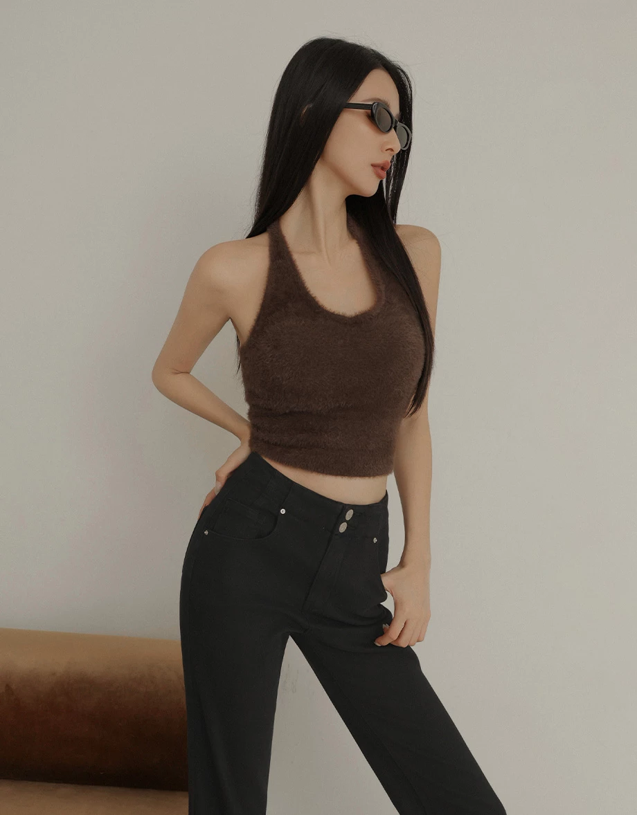 Soft Fluffy Halter Neck Knit Crop Padded Bra Tank Top