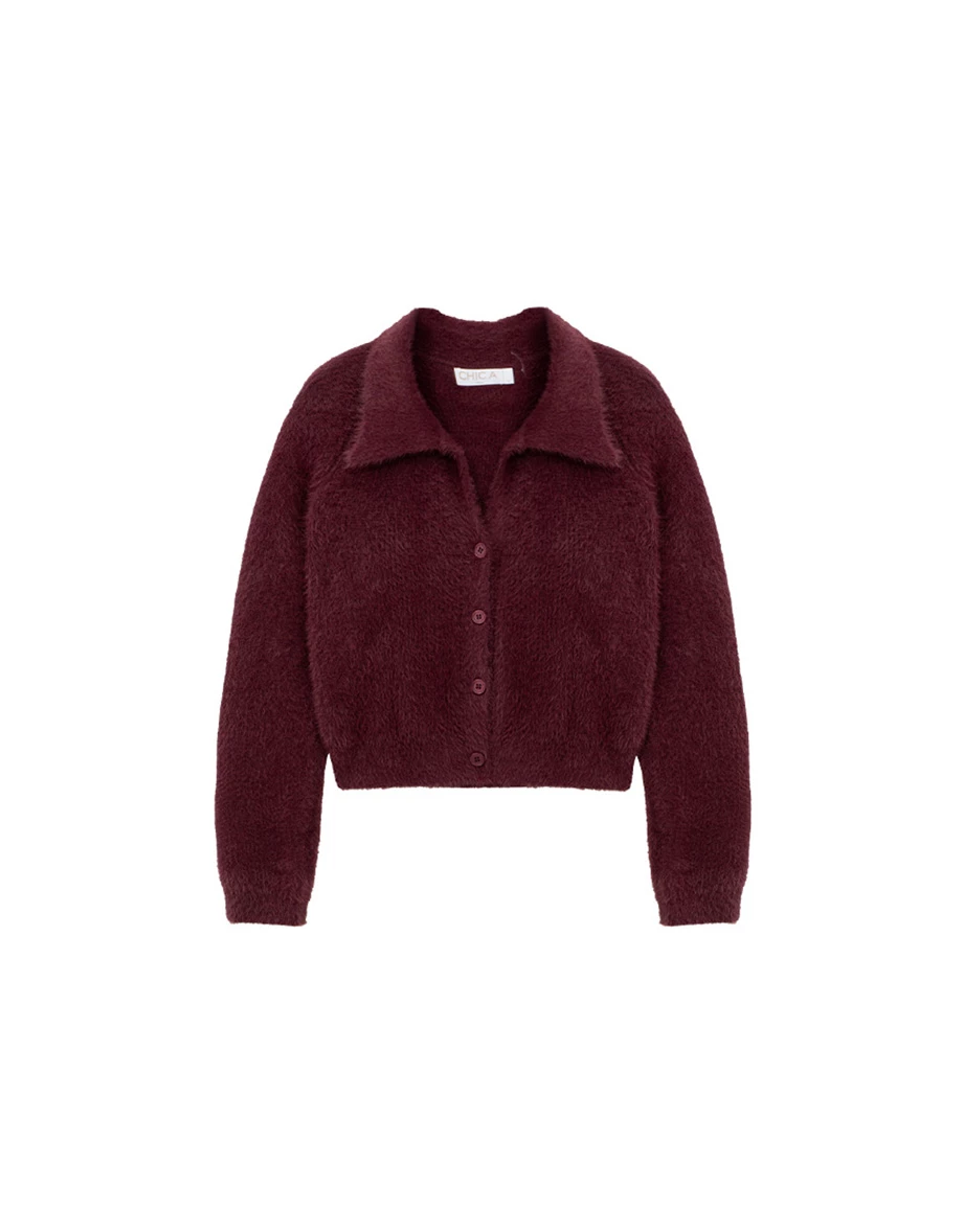 Soft Fluffy Knit Buttoned Cropped Cardigan with Fold Over Collar