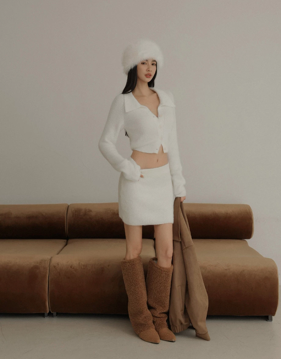 Soft Fluffy Knit Buttoned Cropped Cardigan with Fold Over Collar