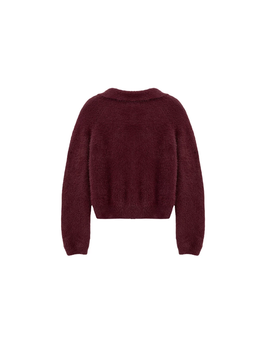 Soft Fluffy Knit Buttoned Cropped Cardigan with Fold Over Collar