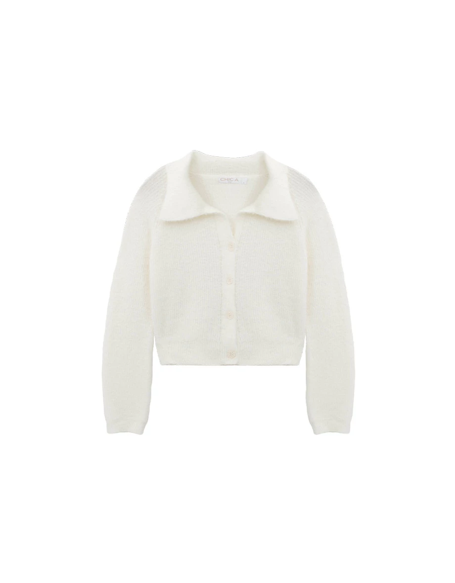 Soft Fluffy Knit Buttoned Cropped Cardigan with Fold Over Collar