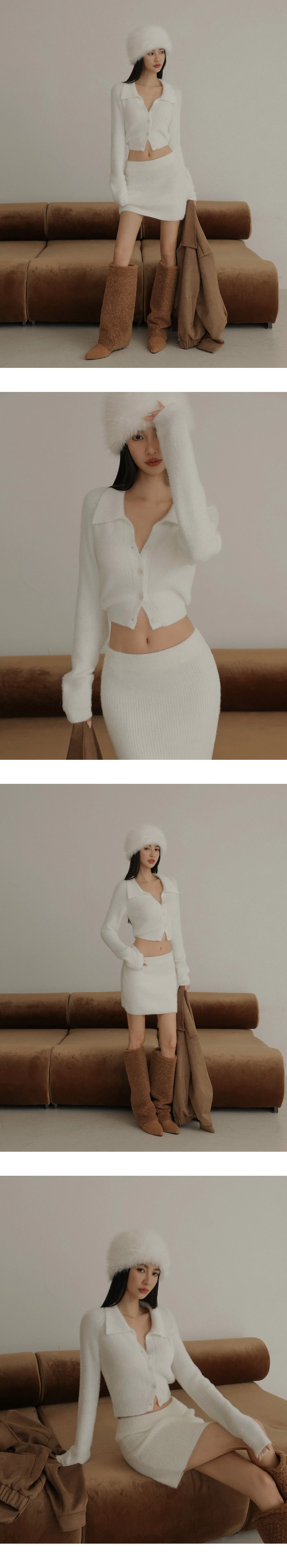 Soft Fluffy Knit Buttoned Cropped Cardigan with Fold Over Collar