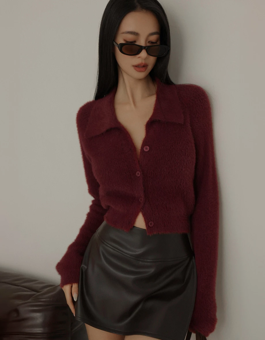 Soft Fluffy Knit Buttoned Cropped Cardigan with Fold Over Collar