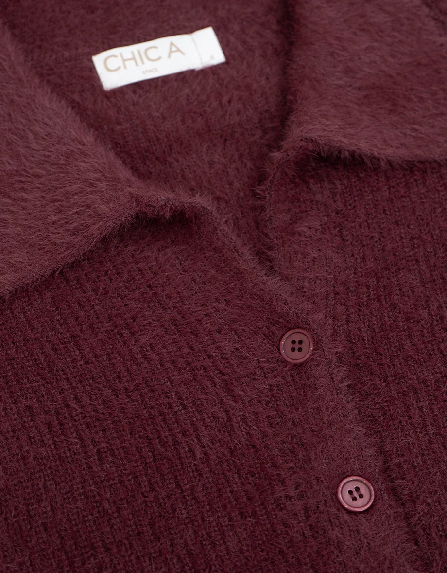 Soft Fluffy Knit Buttoned Cropped Cardigan with Fold Over Collar