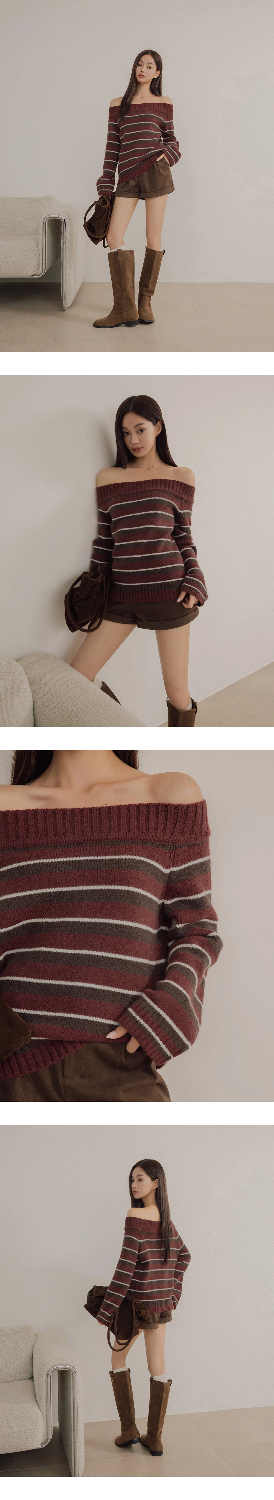 Off Shoulder Striped Knit Long Sleeve Sweater