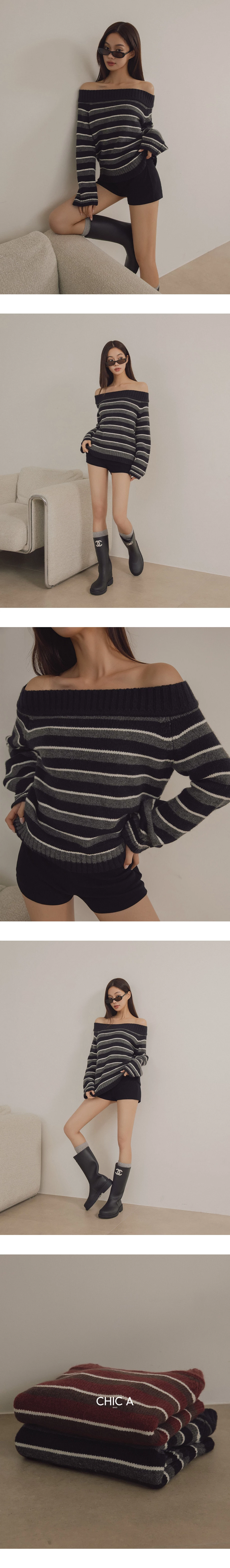 Off Shoulder Striped Knit Long Sleeve Sweater