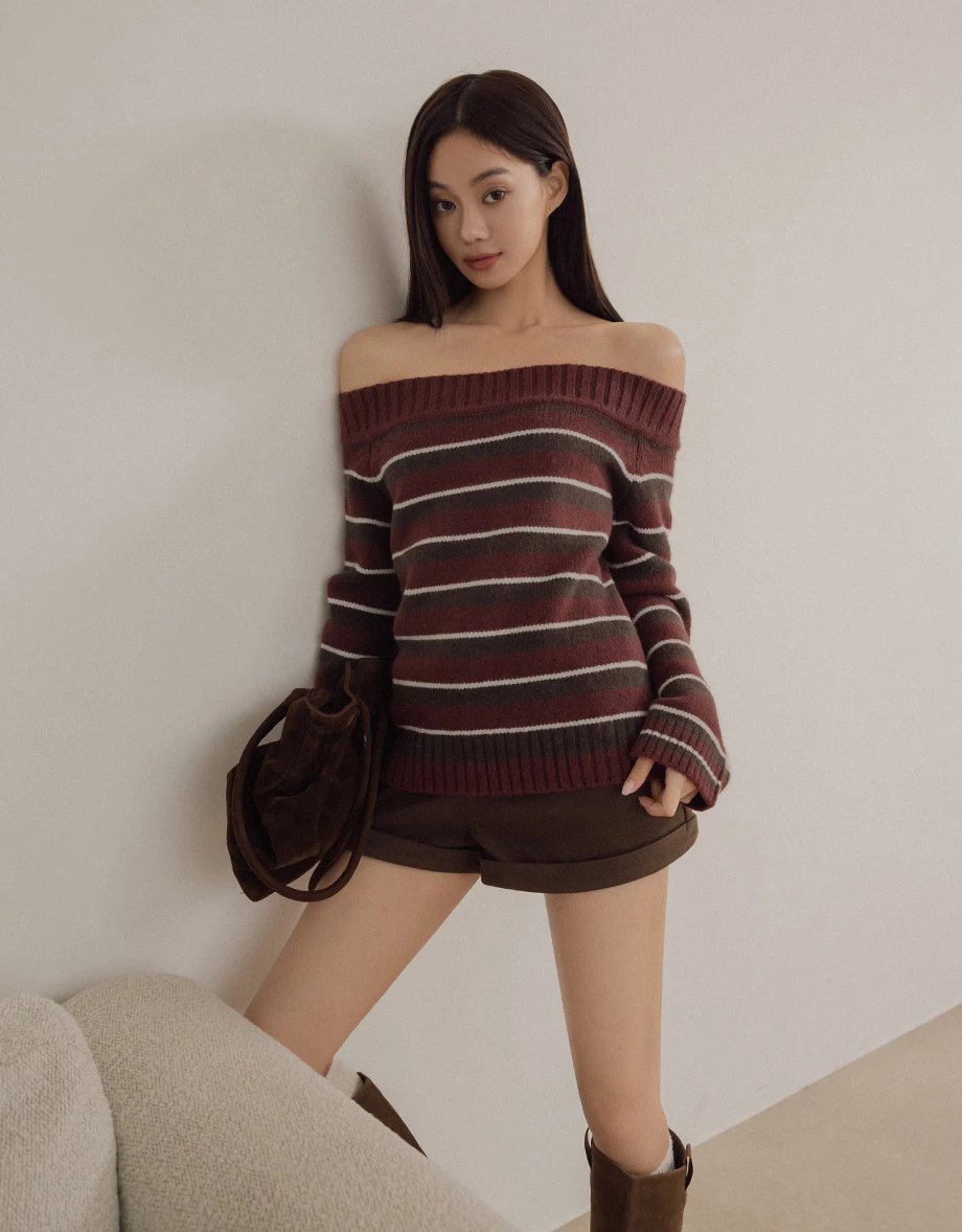 Off Shoulder Striped Knit Long Sleeve Sweater