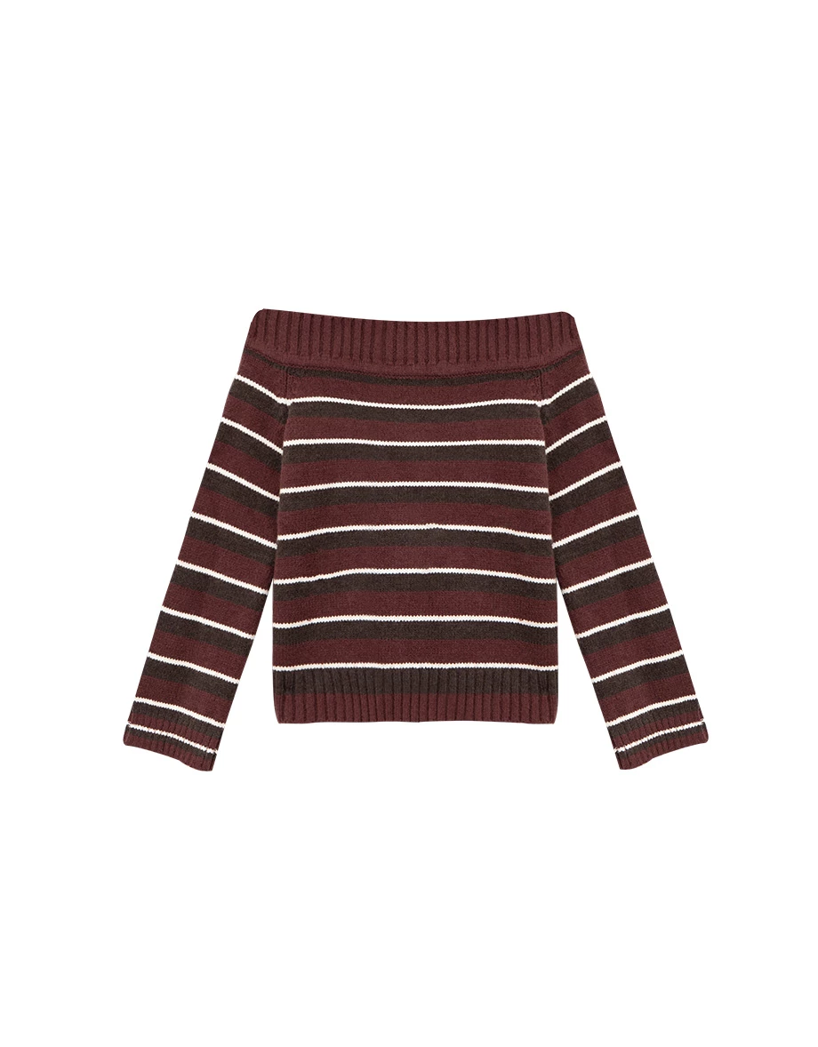 Off Shoulder Striped Knit Long Sleeve Sweater
