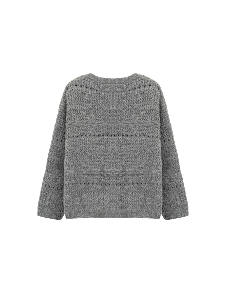 Oversized Textured Knit Crew Neck Button Front Cardigan