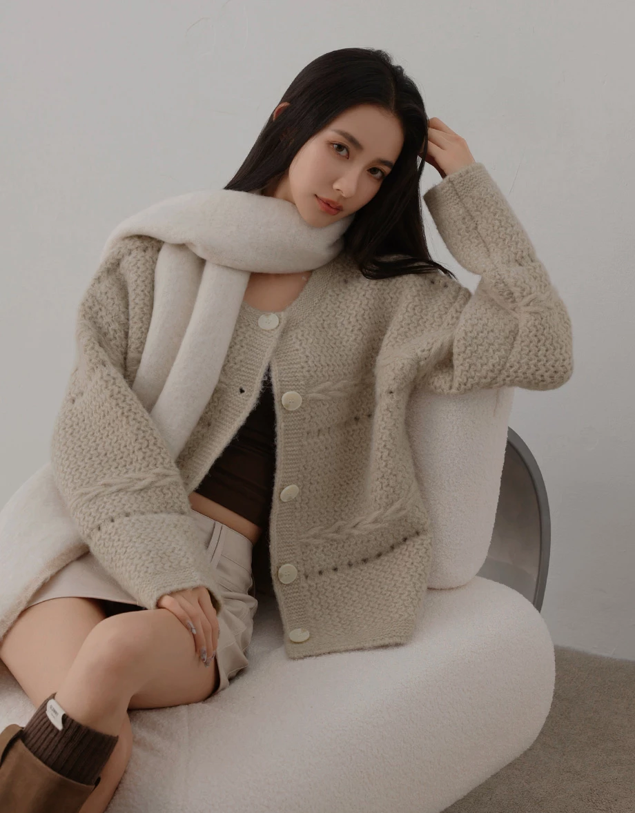 Oversized Textured Knit Crew Neck Button Front Cardigan Oversized Textured Knit Crew Neck Button Front Cardigan