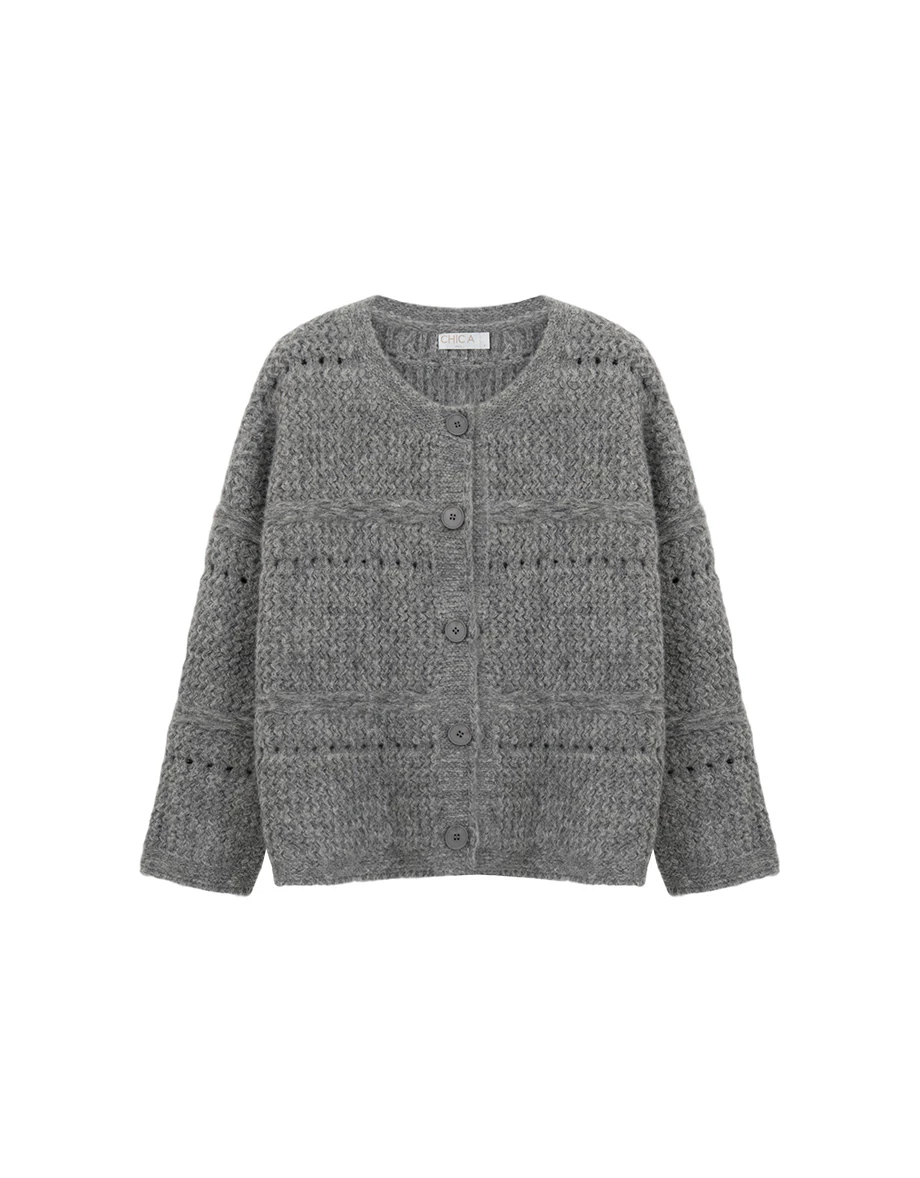 Oversized Textured Knit Crew Neck Button Front Cardigan