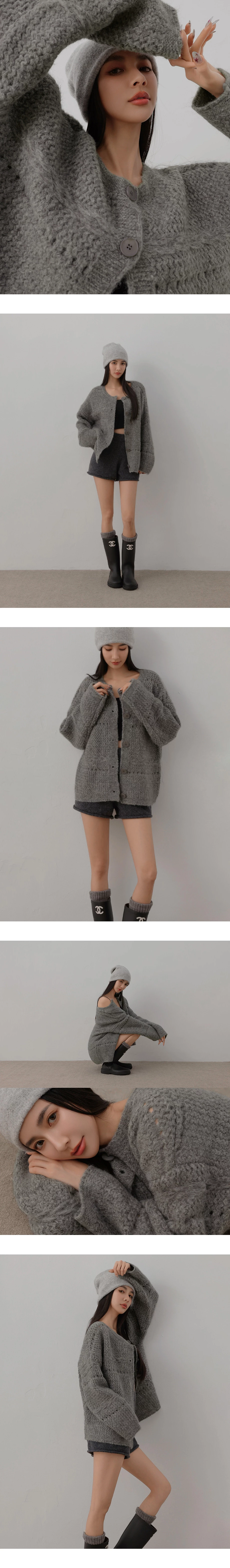 Oversized Textured Knit Crew Neck Button Front Cardigan