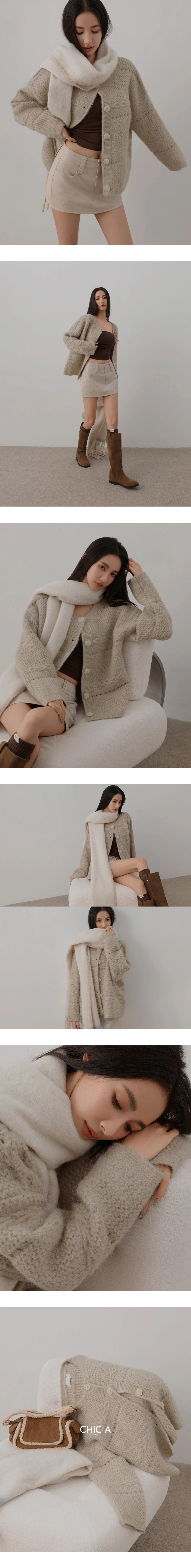 Oversized Textured Knit Crew Neck Button Front Cardigan